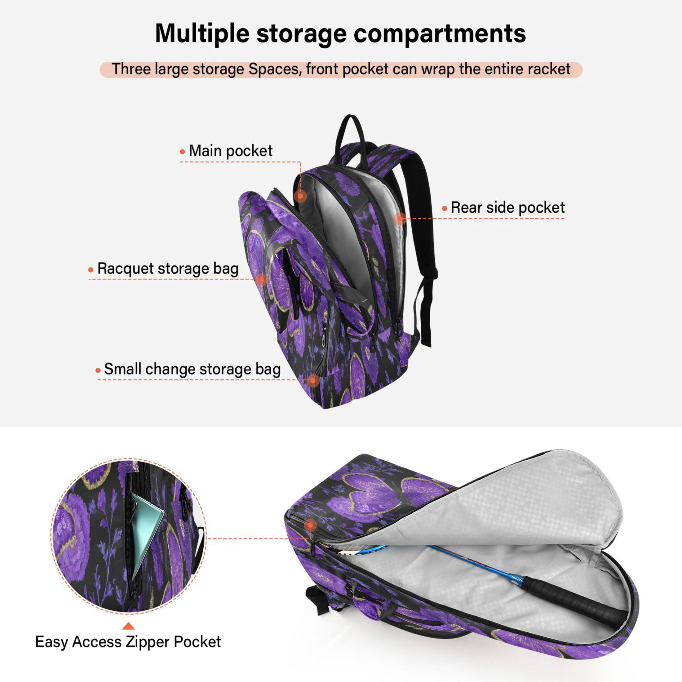 2 Racquet Holder Tennis Backpack Tennis Racket Covers Gym Bags Retro Purple Butterfly and Flowers