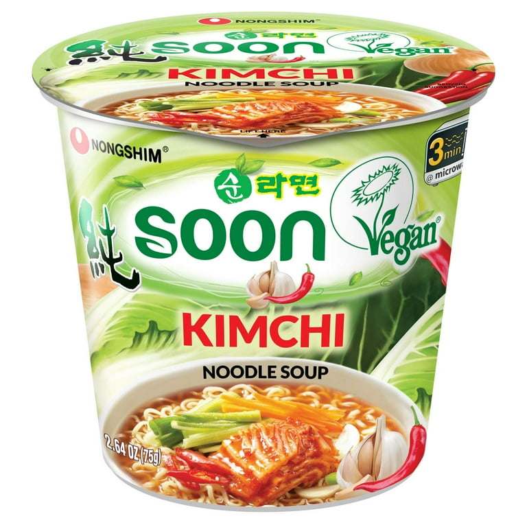 Nongshim Soon Vegan Korean Spicy Kimchi Instant Noodle Cup, 2.64