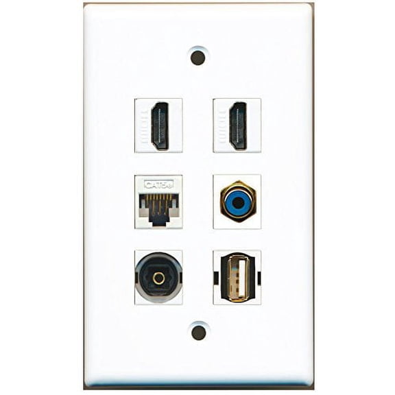 RiteAV - 2 HDMI 1 Port RCA Blue 1 Port USB A-A 1 Port Toslink 1 Port Cat5e Ethernet White Wall Plate