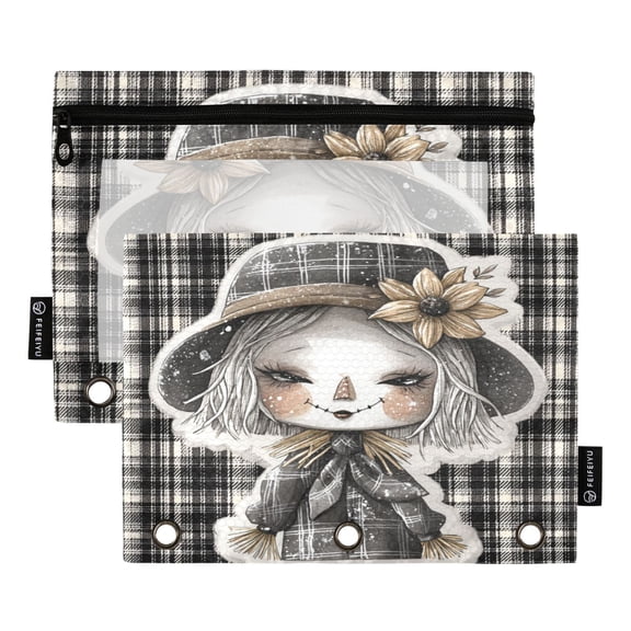 2 Pack 3 Ring Binder Pouch with Clear PVC Window Water Resistant Zipper Pencil Pouch Dark-themed Straw Doll Binder Pocket for Classroom Office Home Stationery Organization