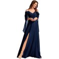 thumbnail image 1 of Vestidos de dama de honor de gasa con cuello en V y tirantes finos personalizados, vestidos formales de dama de honor fruncidos con hombros descubiertos y mangas, 1 of 5