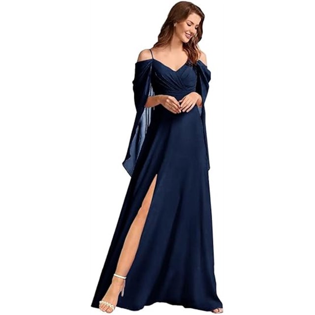 Vestidos de dama de honor de gasa con cuello en V y tirantes finos personalizados, vestidos formales de dama de honor fruncidos con hombros descubiertos y mangas