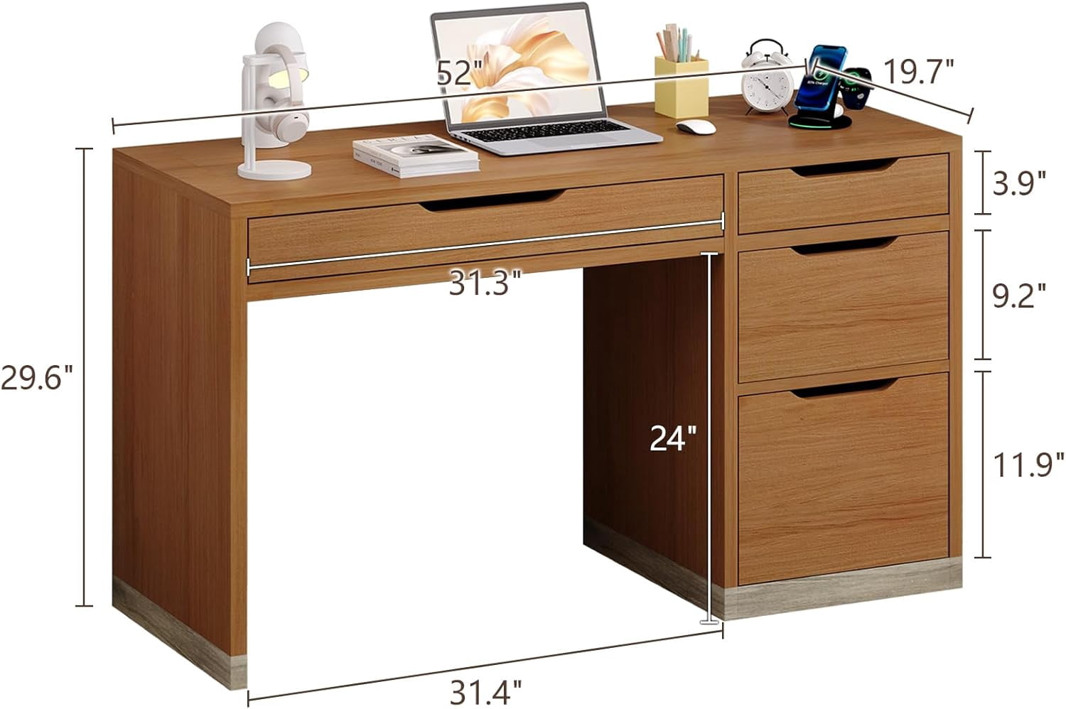 DreamCurship 52 Inch Computer Desk with 4 Storage Drawers,Home Office Desk with Storage for Small Space，Writing Desk with File Cabinet, Brown