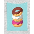 thumbnail image 1 of Anime Tapestry, Kawaii Cartoon Style Colorful Donuts with Funny and Cute Faces on Blue Background, Wall Hanging for Bedroom Living Room Dorm Decor, 60W X 80L Inches, Multicolor, by Ambesonne, 1 of 2