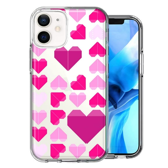 MUNDAZE for Apple iPhone 12 Mini Pink Purple Origami Valentine's Day Polkadot Hearts Design Double Layer Phone Case Cover