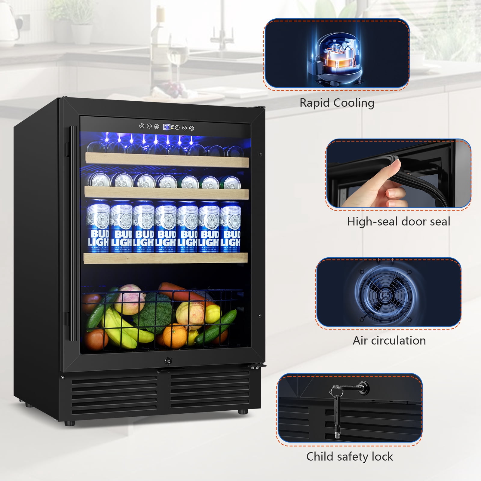 Tittla 24 Inch Wine and Beverage Refrigerator, 4.9 Cu.Ft. Under Counter Build-in Beer Soda Chiller With Glass Door