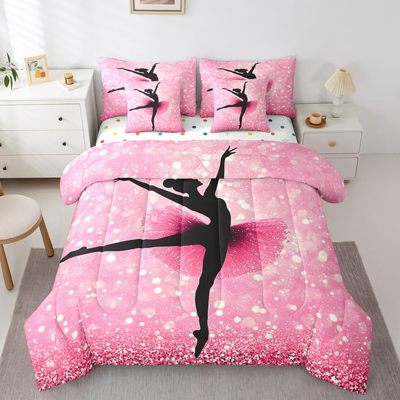 Erosebridal Pink Princess Bedding Sets Twin Size, Ballet Comforter Sets with Sheets, Sequin Print Reversible Bedding Twin Size, Super Cozy Bedroom Decor, 7 Pieces