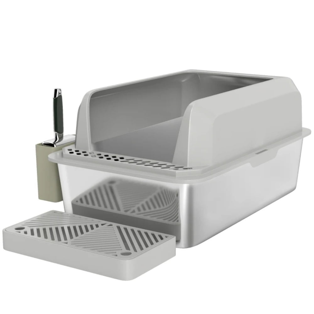 Stainless Steel Cat Litter Box with High Side Wall, Anti-Spill & Anti-Tracking, Includes Scoop & Storage Box
