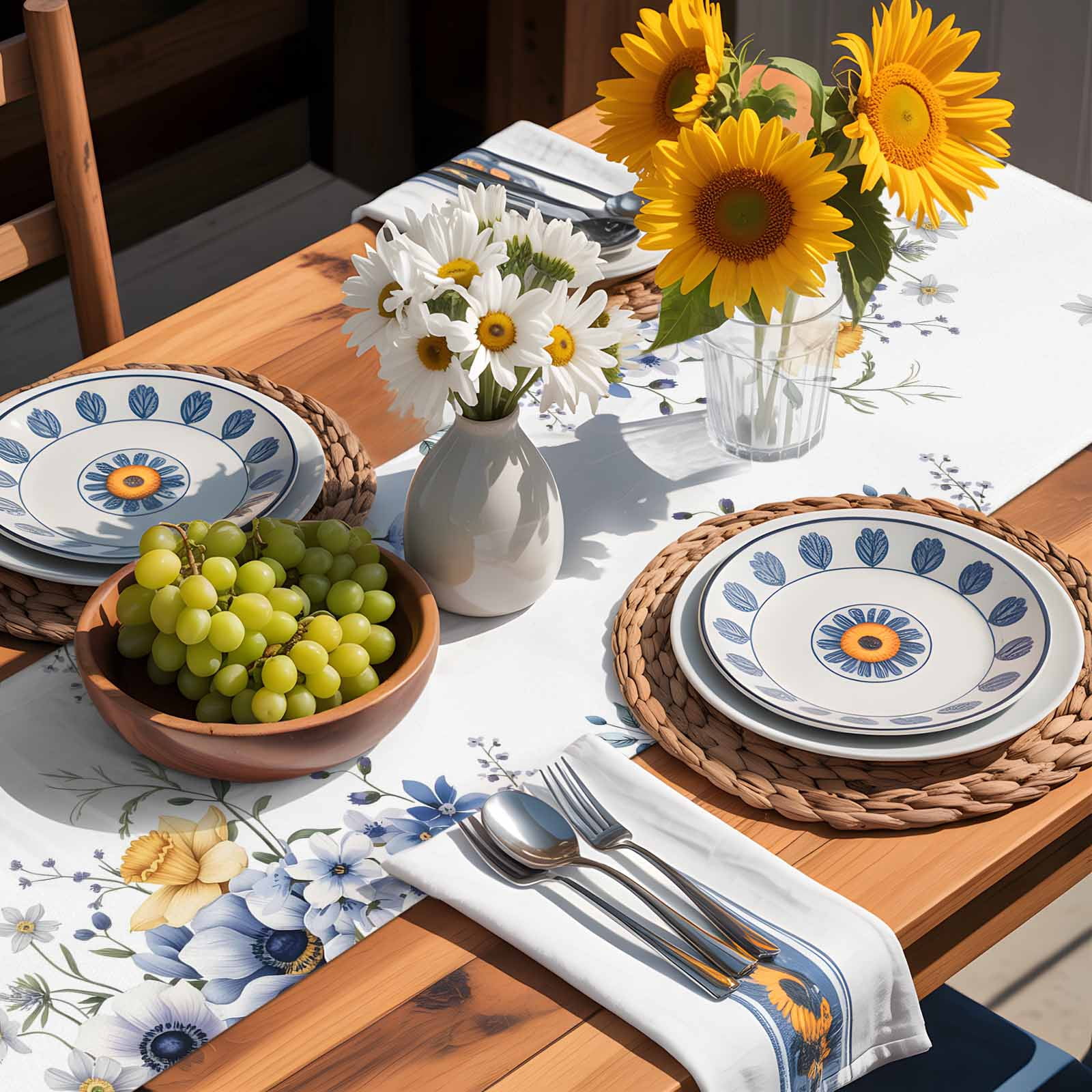 Country Blue Flowers Table Runner 90 Inches Long, Watercolor Eucalyptus Leaves Table Runners Tabletop Scarf Kitchen Dining Tables Decoration for Home Party Indoor Outdoor