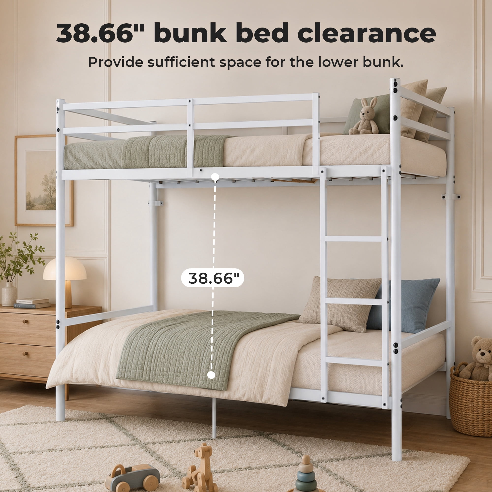 Alvantor Bunk Bed Twin over Twin, Metal Bunk Bed for Kids with Ladder and Anti-tip Bracket White