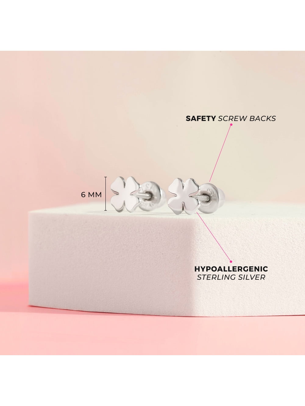 Lucky Clover Kids / Children's / Girls Earrings Screw Back - Sterling Silver