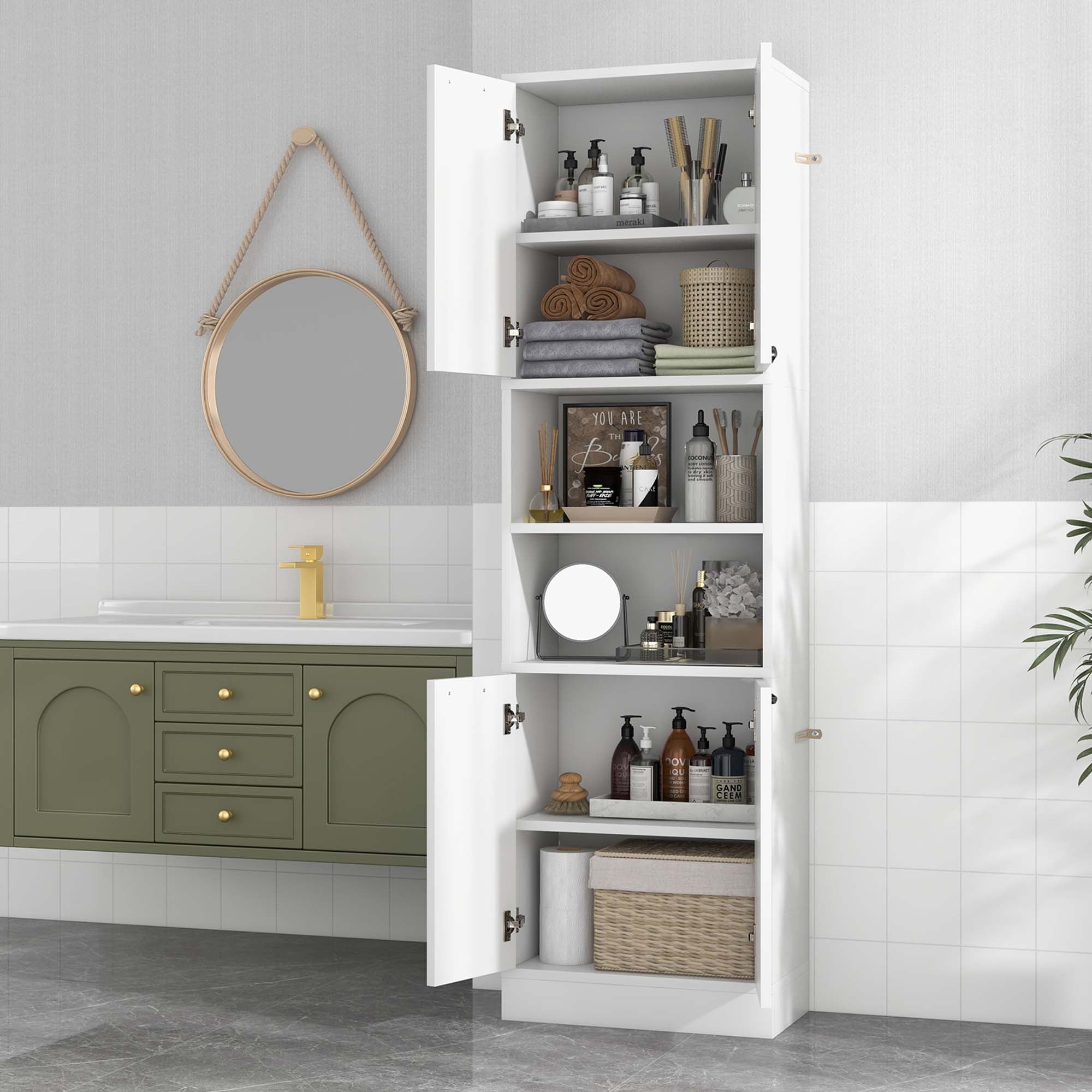 Costway 75" Tall Bathroom Storage Cabinet with 4 Doors & 2 Open Compartments Freestanding White