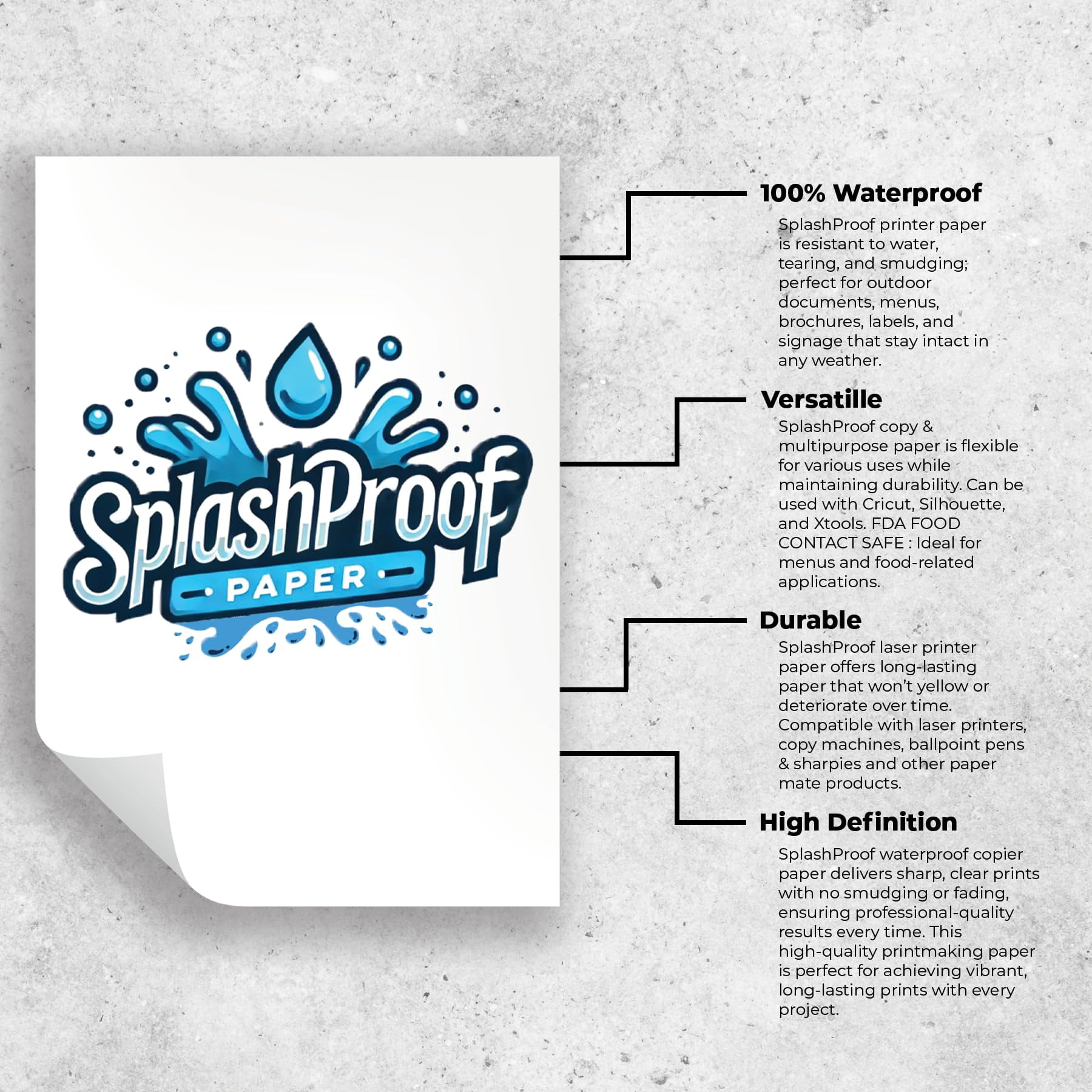 SplashProof Waterproof Paper, 8.5" x 11", 10 Mil, 50 Sheets