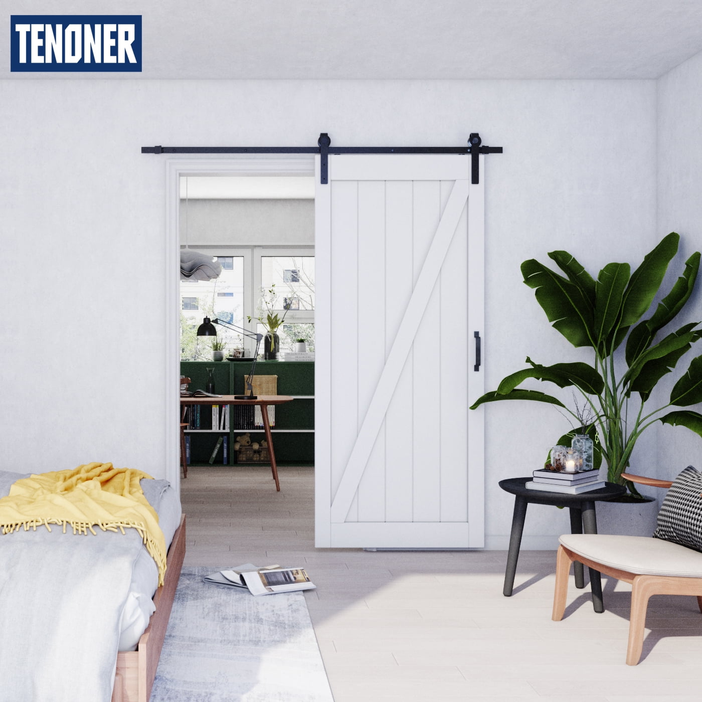 TENONER Sliding Barn Door, 36in x 84in, White Z Frame, with Barn Door