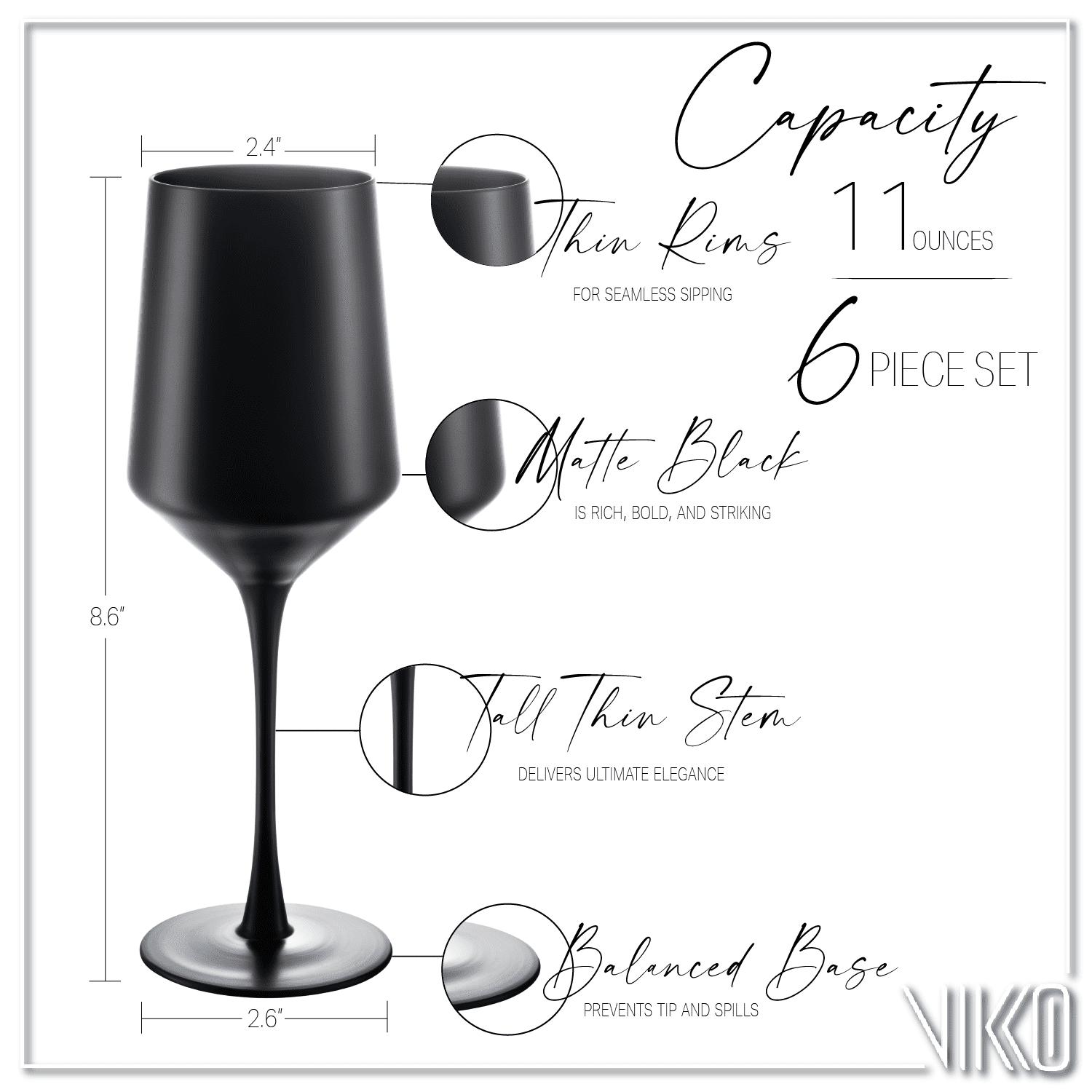 Vikko Décor Matte Black Wine Glasses | Thin, Handblown Glass – Tall, Elegant Stem – Dishwasher Safe – 11 Ounce Cup – Set of 6 Stunning Wine Glasses – 8.6” x 2.4”