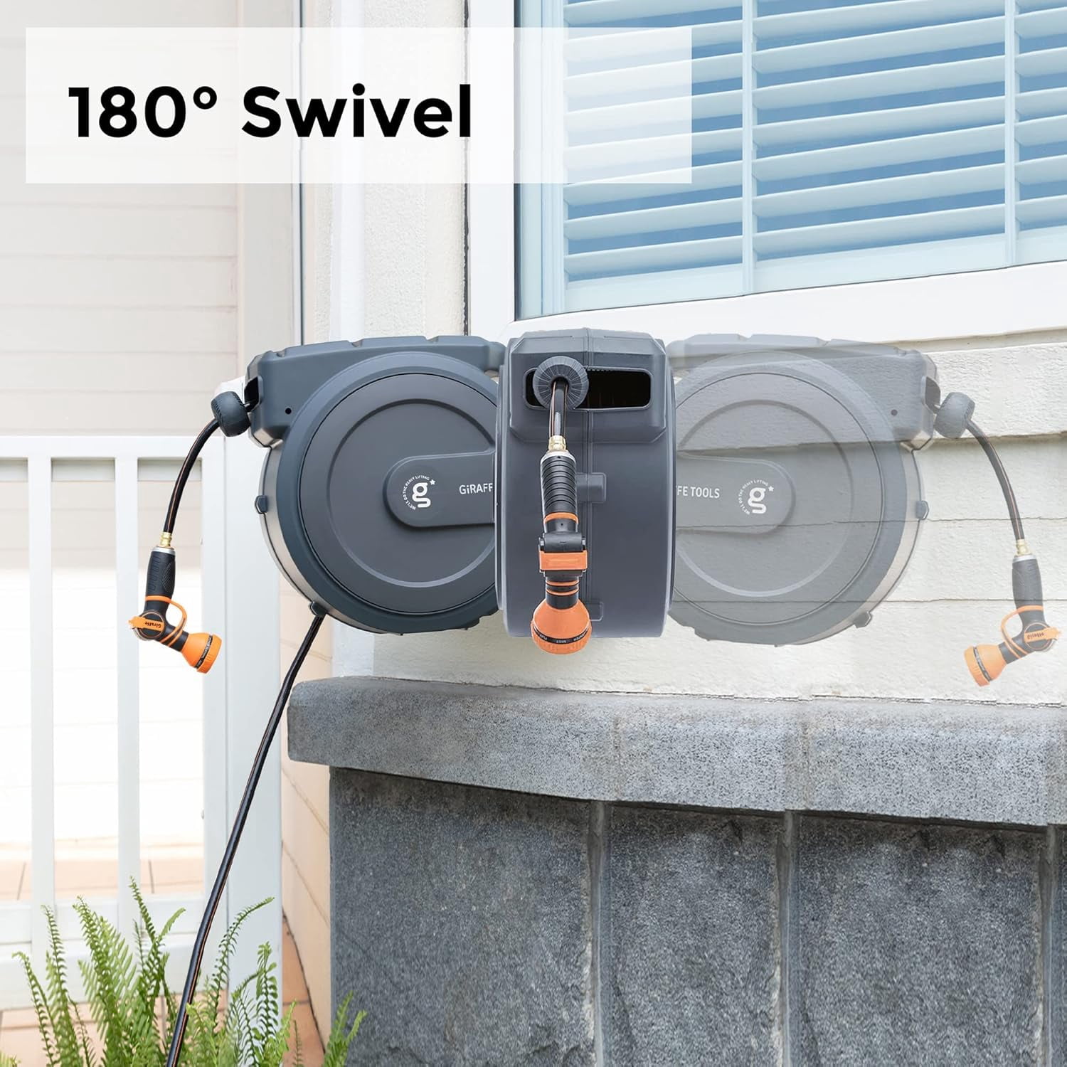 Giraffe Tools Retractable Garden Hose Reel with 1/2in-100ft Hose, Metal Bracket