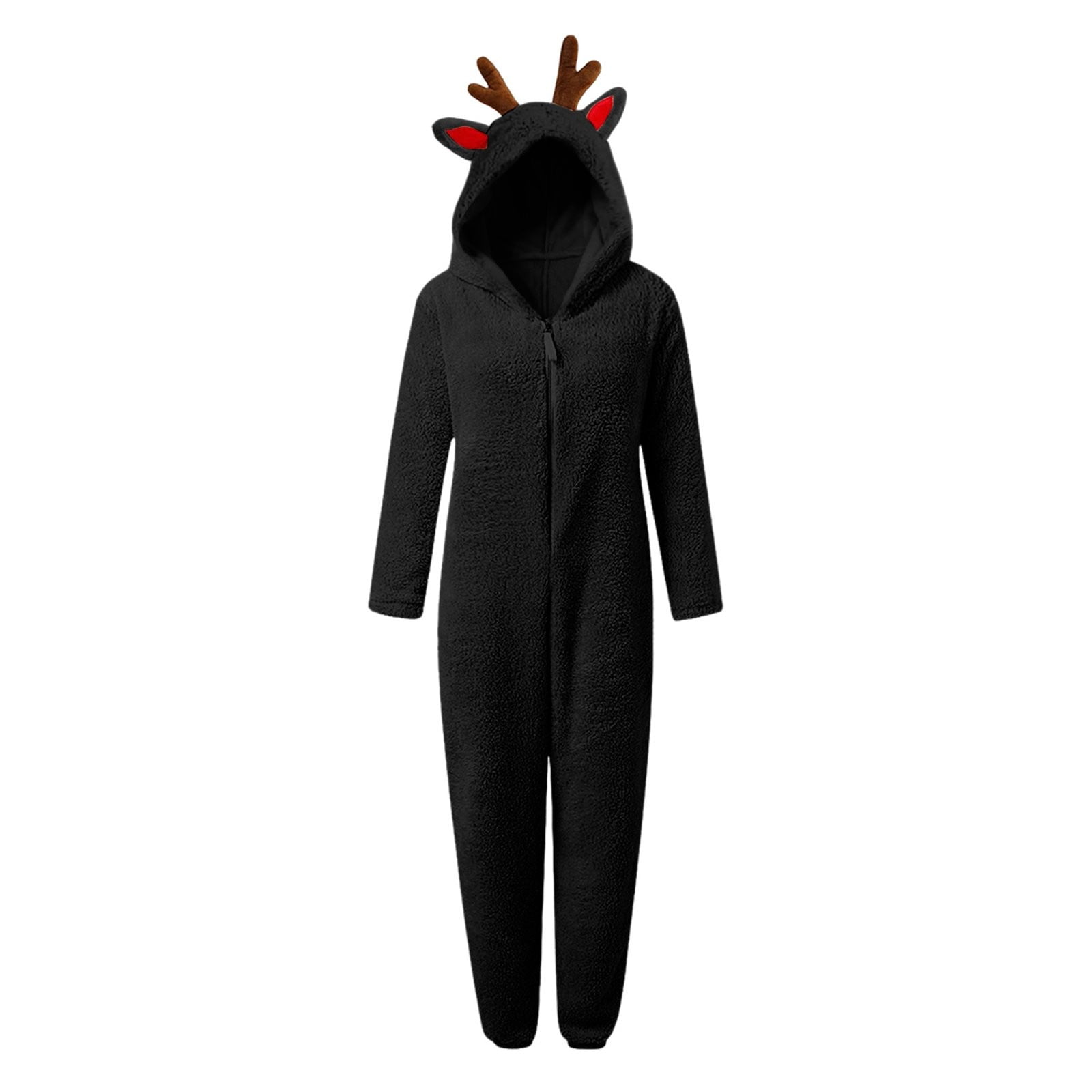 Ruyang Christmas Deer Ears Fleece Jumpsuit for Girls Winter Warm Fuzzy Hooded Onesie Zip Thermal Furry Bodysuit