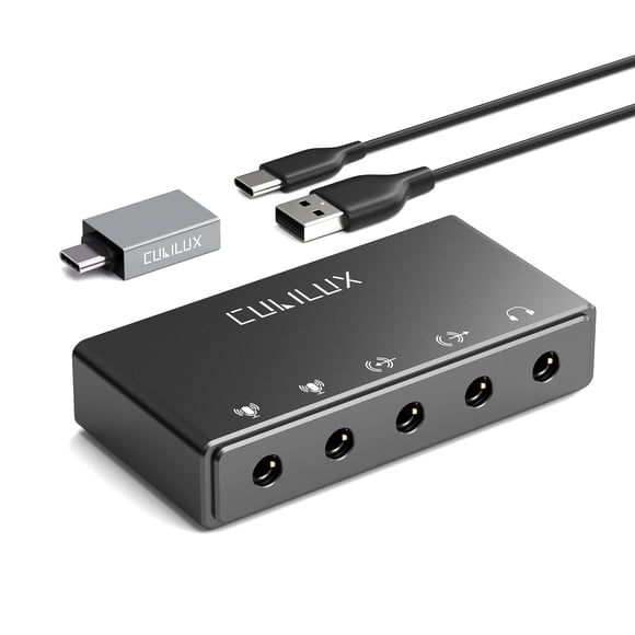 Cubilux Interfaz de Audio USB Externa, Tarjeta de Sonido Estéreo con Entrada de Micrófono, Entrada y Salida de Línea, Conector para Auriculares para Grabación, Transmisión y Podcasting en Windows y M