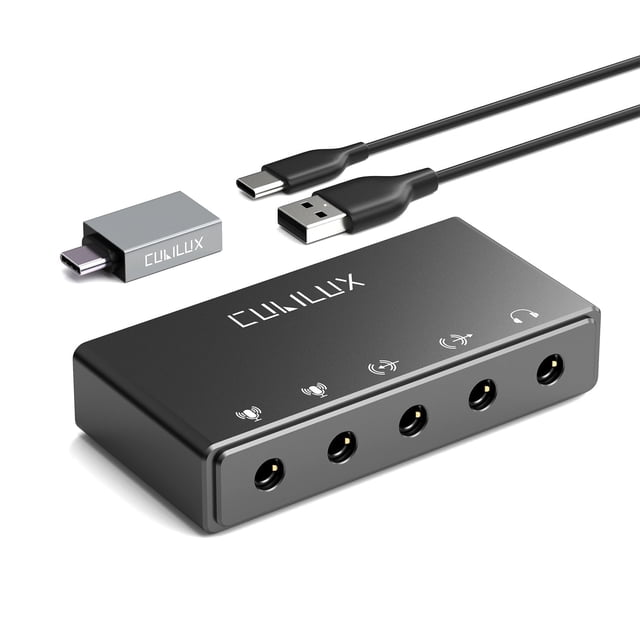 Cubilux Interfaz de Audio USB Externa, Tarjeta de Sonido Estéreo con Entrada de Micrófono, Entrada y Salida de Línea, Conector para Auriculares para Grabación, Transmisión y Podcasting en Windows y M