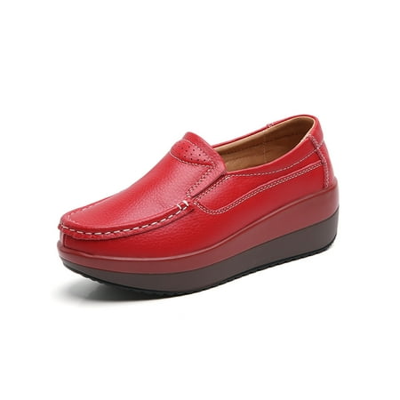 

Lacyhop Ladies Nursing Non-slip Loafers Lightweight Wedge Boat Shoes Comfort Round Toe Flats Red 7