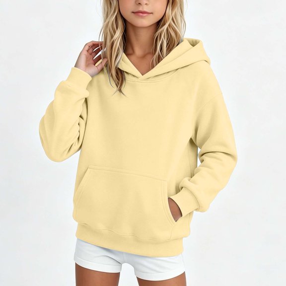 PiGOGI Kids Solid Color Hooded Sweatshirt Long Sleeve Pullover Hoodie with Pocket Soft Cotton Warm Top for Boys Girls Yellow 12-13 Years