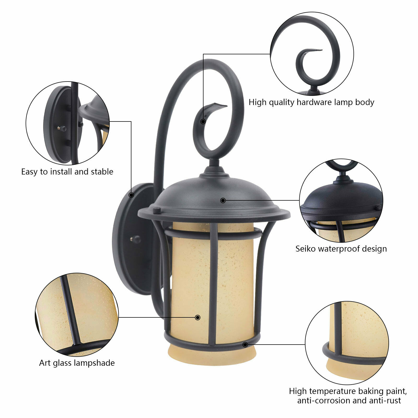 Exterior Wall Light Fixture Sconce Vintage Outdoor Retro Ground Glass Porch Lamp Outdoor Wall Light Exterior Wall Lantern Waterproof Sconce Porch Black Finshing Entryways Lighting Wall Mounted Lamp - image 4 of 10
