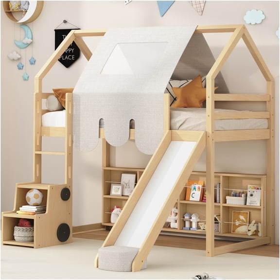 JERFIT Twin Wood Loft Bed House with Tent, Natural Beige
