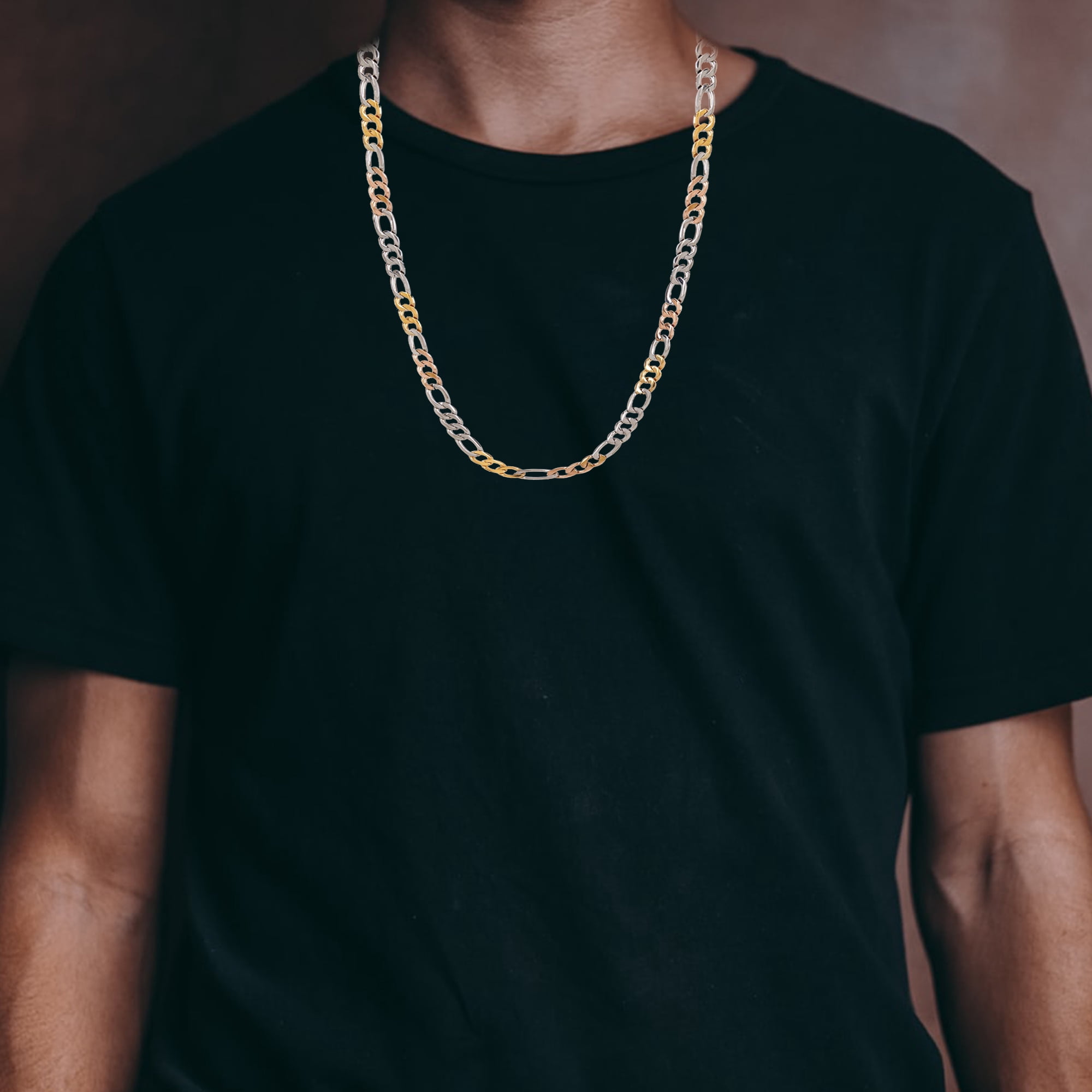 Arista Gold and Rose Plated Stainless Steel Figaro Link Chain Men's Necklace, 24"