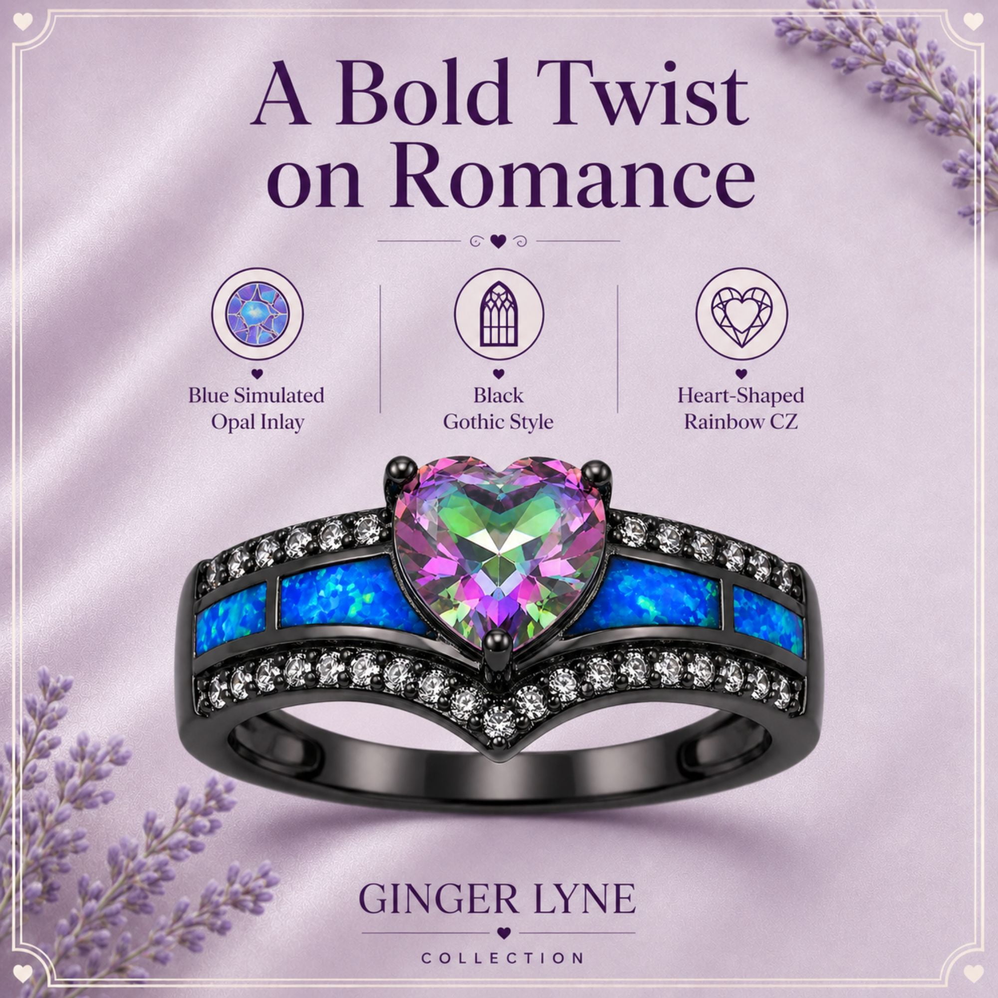 Black Engagement Ring for Women Mystic Topaz CZ Heart Promise Ring  Gift for Her Ginger Lyne