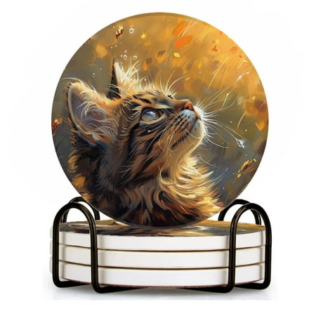 

BaHomeck Drink Coasters Set of 4 with Holder cat gazing up at the sky surrounded by butterflies Water Absorbent Ceramic Coasters Tabletop Protection Suitable for Various Cup Home Decor