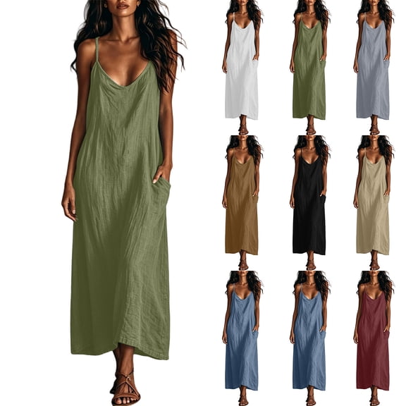 Diufon Cotton Linen Dresses for Women Sleeveless Spaghetti Strap Dress Solid Color Long Dress with Pockets