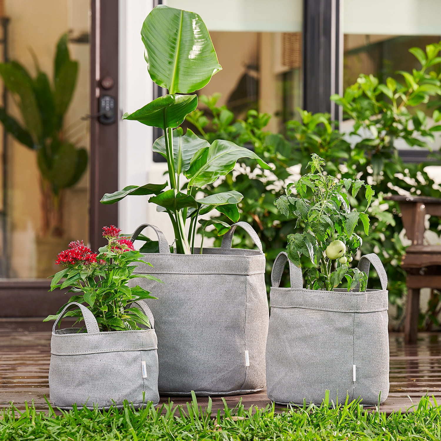 Coolaroo 2 Gallon Round Fabric Grow Bag with Drainage Holes, UV Resistant and Durable Handles - 5 Pack, Steel Grey
