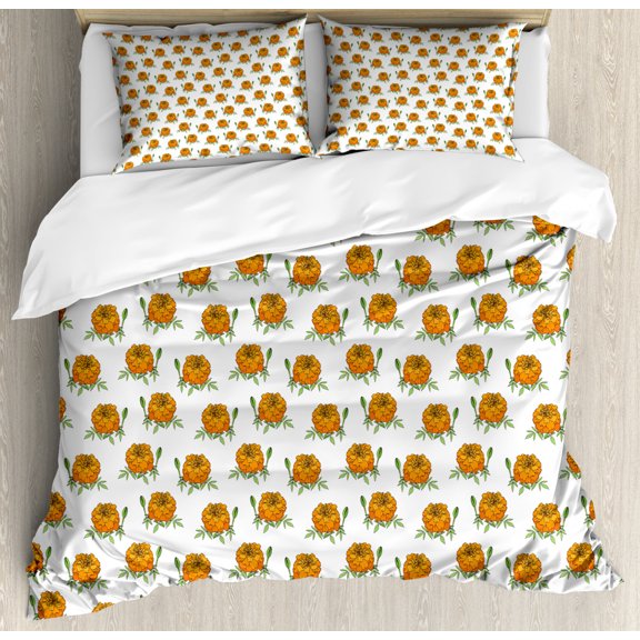 Floral Duvet Cover Set Queen Size, Tagetes Flower on a Plain Background, Decorative 3 Piece Bedding Set with 2 Pillow Shams, White Orange Fern Green, by Ambesonne