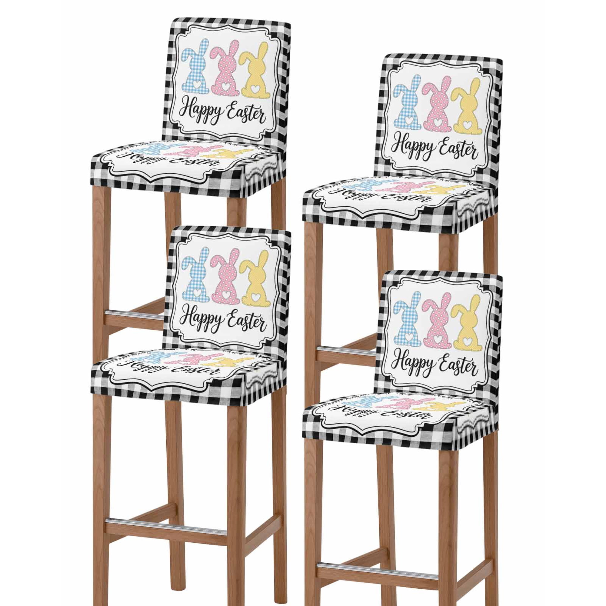 Happy Easter Bar Stool Covers Set of 4 Spring Watercolor Rabbits Black White Plaid Stretch Washable Bar Chair Covers with Backs Removable Pub Counter Height Chair Cover for Kitchen Dining Room Cafe