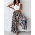 thumbnail image 5 of CHICME Pants Boho Floral Shirred High Waisted Wide Leg Pants Flowy Trousers Summer Beach Vacation Wear Blue-S, 5 of 9