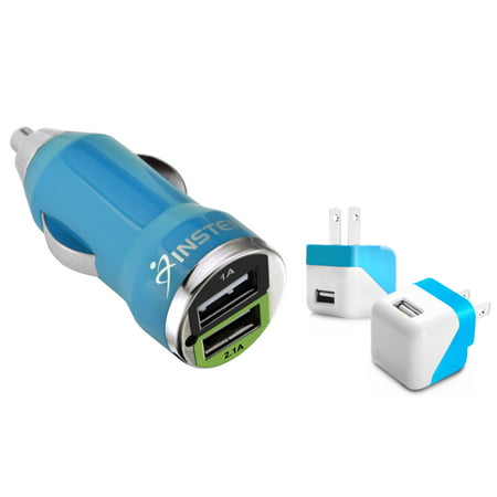 Insten Blue Dual Port Car Charger abd AC Wall USB Charger Adapter For Cell Phone Apple iPhone XS X 8 7 6s SE iPod Samsung Galaxy S9 Plus S8 S7 Google Pixel 2 LG Stylo 3 ZTE Max Zmax