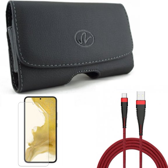 For Samsung Galaxy S21 (6.2") - Swivel Leather Case Belt Clip   Charger Cord Type-C 10ft USB Cable   Anti-Glare TPU Film Matte Screen Protector