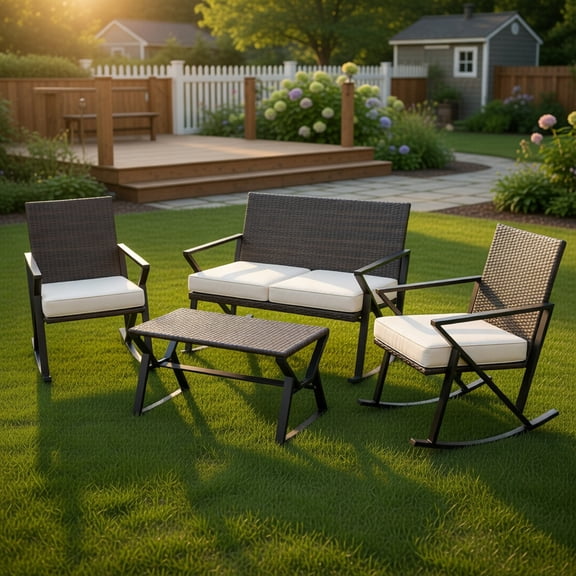 Yardi Yard Patio Furniture 3 Piece Patio Wicker Rocking Chairs Set, Outdoor Wicker Rattan Chairs Garden Backyard Balcony Porch Poolside loveseat with Heavy-Duty Metal Frame