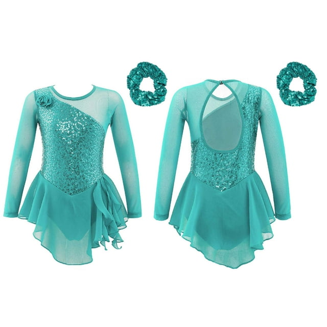 Yanarno Robe de Patinage Artistique à Sequins pour Filles, Robe de Danse Lyrique en Maille, Jupe de Gym, Vert Menthe 8