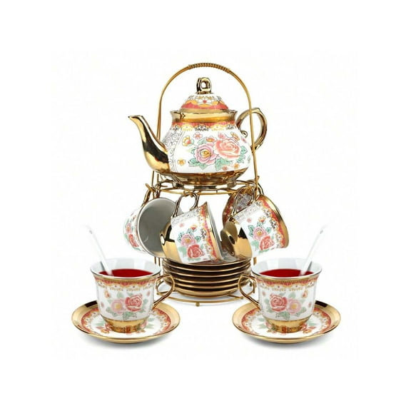 European Ceramic Tea Set For 6 People,20Pcs Porcelain Tea Set With Metal Stand,Vintage Floral Tea Cup And Saucer,Complete Gift Set With Teapot,Spoons For Wedding,Bridal Shower,Afternoon Tea (Gold)