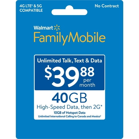 Walmart Family Mobile $39.88 Unlimited Monthly Prepaid Plan (40GB at High Speed, then 2G) + 10GB Mobile Hotspot Direct Top Up