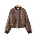 thumbnail image 1 of Chaqueta corta de piel sintética con cinturón para mujer, abrigo holgado con cremallera y solapa, prenda de vestir para motorista y motocicleta, primavera y otoño, 1 of 5