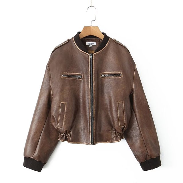 Chaqueta corta de piel sintética con cinturón para mujer, abrigo holgado con cremallera y solapa, prenda de vestir para motorista y motocicleta, primavera y otoño