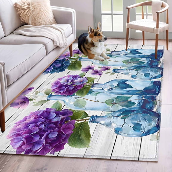 Spring Daisy Area Rugs 2.7'x5', Washable Small Throw Rugs for Kitchen Bedroom, Botanical Vases Floral Green Leaves Wooden Indoor Outdoor Rug Non-Slip Low Pile Carpet Runner Reversible Floor Mats
