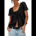 thumbnail image 3 of Blusa de Encaje con Lazo Frontal para Mujer, Transparente, de Corta, Cuello Redondo, Botones, Estilo Bohemio, con Volantes, Estilo Y2K Negro L, 3 of 8