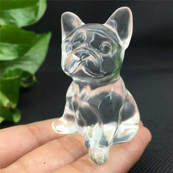 K-KED Natural Clear Quartz Crystal French Bulldog Carved Mini Specimens Reiki Pet Gift