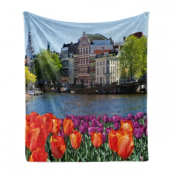 Landscape Soft Flannel Fleece Throw Blanket, European City Holland Amsterdam Scenery of Old Victorian Era Houses Art Print, Cozy Plush for Indoor and Outdoor Use, 50" x 60", Multicolor, by Ambesonne