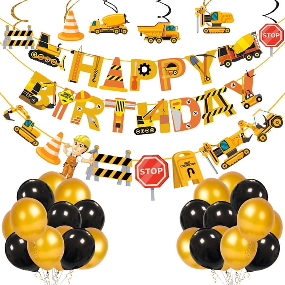 Construction Birthday Party Supplies Dump Truck Birthday Party Decorations Paper Banner , Character Paper Banner , Hanging Swirls and Balloon for Construction Theme Birthday Party 33 Pack