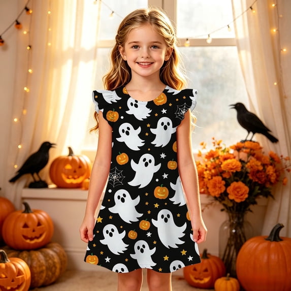 HNMKIU Halloween Costumes for Girls Flutter Sleeve Nightgown Summer Casual Halloween Print Dress Cute Toddler Sleepwear Party for Daily Wear Black - 6-7 Years