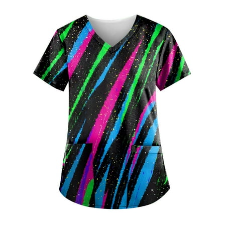 

Sksloeg Uniform Tops for Women Scrubs Tie-dye Stripe Printed Top Workwear with Pockets Short Sleeve V-Neck Nursing Working Uniform Cyan XXL